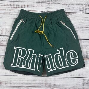 NWT Rhude Green Athletic / Swimming Shorts White Logo outline size Large
